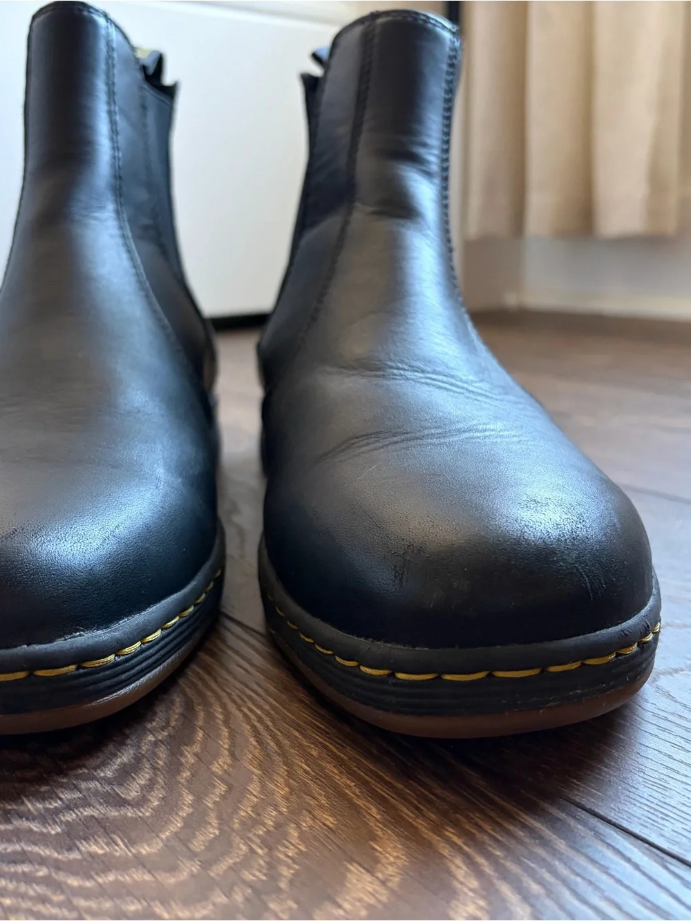 Dr. Martens Black Leather Chelsea Chukka Boots with Yellow Stitching